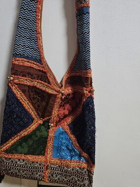 Patchwork Embroidered Shoulder Bag in Blue, Green, Brown & Orange